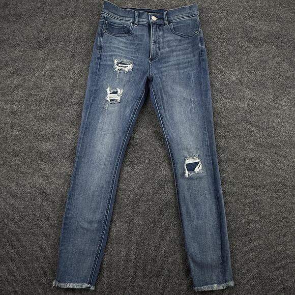 Express Jeans Womens 4R Blue Skinny High Rise Denim Perfect Distressed Raw Hem - Picture 1 of 14